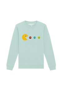Sweatshirt bleu clair en tissu doux avec un graphique de Pac-Man jaune et quatre points colorés en rouge, bleu et vert sur le devant.