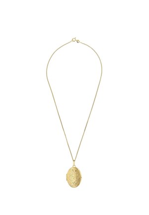 Zarte goldene Halskette mit einem ovalen Medaillon-Anhänger mit filigranen gravierten Blumenmustern.