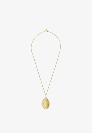 Delicate gold necklace with an oval locket pendant featuring intricate engraved floral patterns.