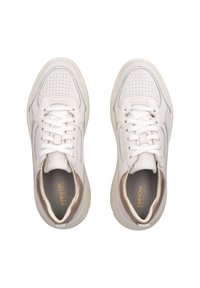 Sneaker in pelle bianca con dettagli perforati, punta rotonda, collo imbottito, lacci bianchi e accenti dorati sul tallone e sul logo.