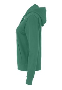 Sudadera verde con bolsillo frontal, capucha ajustable con cordones, puños acanalados y dobladillo. Hecha de una tela suave, que muestra una textura lisa.