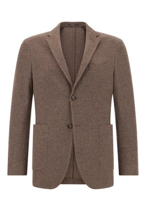 Strukturierter brauner Blazer mit zwei Knöpfen, Reverskragen und einer Brusttasche sowie zwei aufgesetzten Seitentaschen.