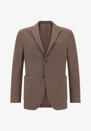Strukturierter brauner Blazer mit zwei Knöpfen, Reverskragen und einer Brusttasche sowie zwei aufgesetzten Seitentaschen.