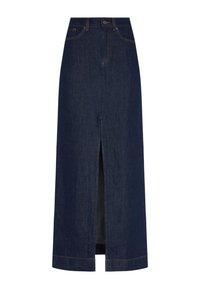 Jupe maxi en denim bleu foncé, dotée d'une fente à l'avant, d'une fermeture à boutons et de détails de couture contrastants. Design classique avec une silhouette droite.