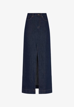 Denim maxi nederdel i mørkeblå, med en frontslids, en knaplukning, og kontrastsyninger. Klassisk design med en lige silhuet.