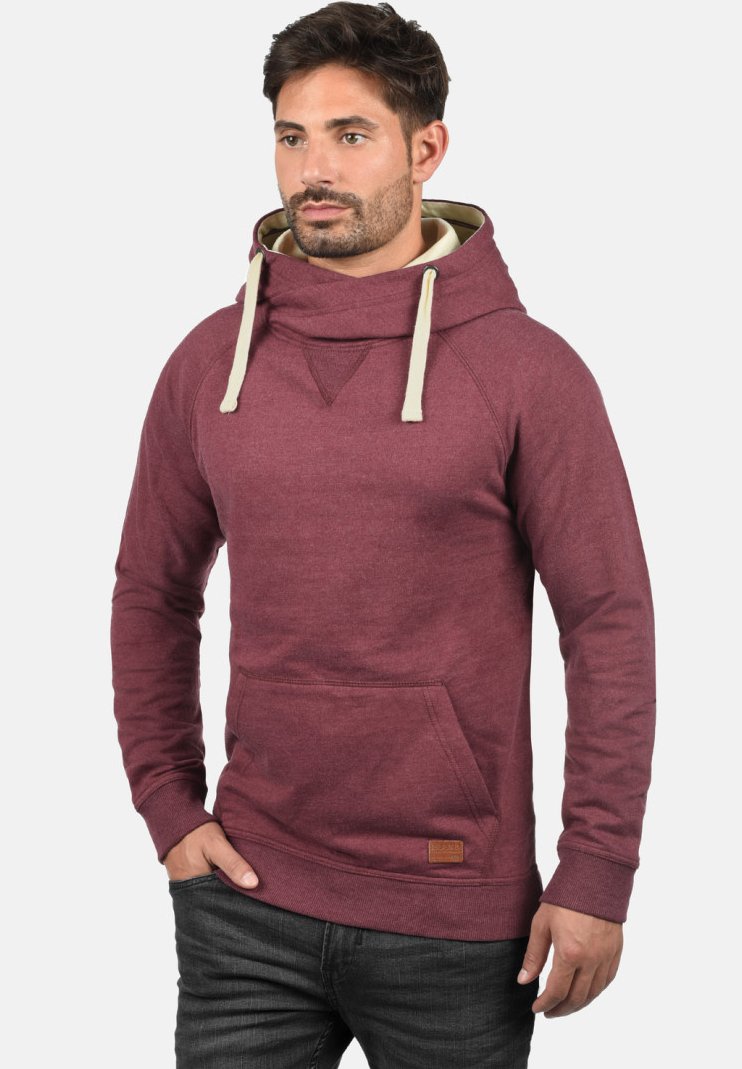 Burgundy pullover hoodie with a cowl neck, drawstrings, and front pocket. Features a textured fabric and contrasting inner lining.