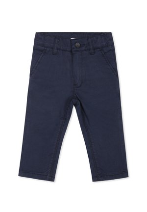 Pantaloni in cotone blu navy con taglio dritto, dotati di chiusura con bottone, passanti per cintura e due tasche frontali. Texture liscia, design semplice.