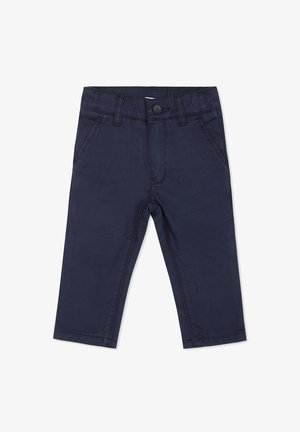 Pantaloni in cotone blu navy con taglio dritto, dotati di chiusura con bottone, passanti per cintura e due tasche frontali. Texture liscia, design semplice.