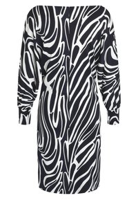 Robe à manches courtes bleu marine avec un motif abstrait en tourbillon blanc, dotée d'un col bateau et d'une coupe ample. Texture lisse et design mi-long.