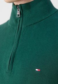 Gros plan d'une personne portant un pull zippé vert avec un petit logo Tommy Hilfiger sur la poitrine.