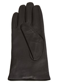Guanto in pelle nera con un design strutturato, texture liscia e un accentuato pollice a strati per un tocco di stile e funzionalità aggiuntivi.