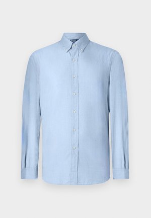 Light blue long-sleeve shirt made of lightweight fabric, featuring a button-down collar and a row of buttons down the front.