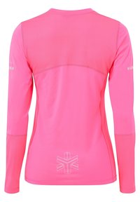 Langærmet atletisk skjorte i klart pink, lavet af glat, strækbart stof med flade sømme og et geometrisk logo på ryggen.