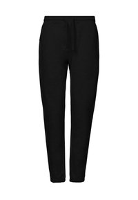 Zwarte katoenen sweatpants met elastische tailleband, boorden bij de enkel en zijzakken. Klassieke, taps toelopende pasvorm. Geen zichtbare logo's of patronen.