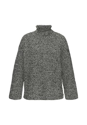 Chunky Strickpullover mit Stehkragen in Schwarz und Weiß. Lockere Passform mit langen Ärmeln und strukturiertem Muster. Weicher Stoff mit gemütlichem Aussehen.