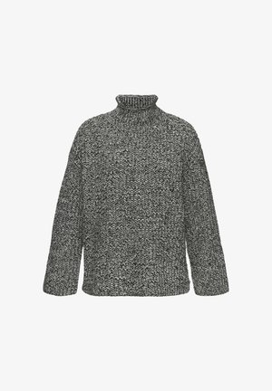 Chunky Strickpullover mit Stehkragen in Schwarz und Weiß. Lockere Passform mit langen Ärmeln und strukturiertem Muster. Weicher Stoff mit gemütlichem Aussehen.