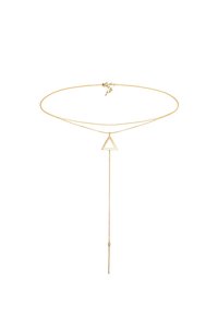 Collier ras du cou en ton or, présentant un pendentif triangulaire avec un centre ouvert et une délicate chaîne suspendue qui descend.
