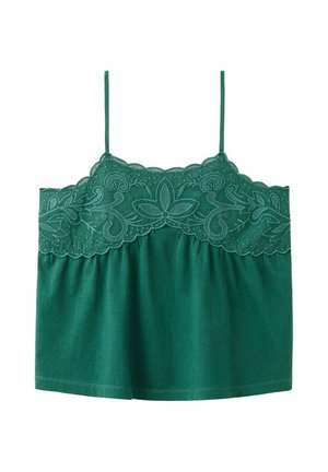 Haut vert sans manches avec encolure en dentelle florale brodée et fines bretelles, coupe ample, sur fond blanc.