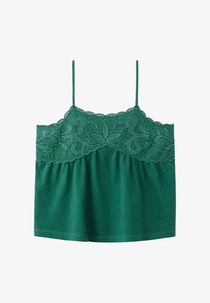 Top verde fără mâneci cu guler din dantelă florală brodată și bretele subțiri, croială lejeră, pe fundal alb.