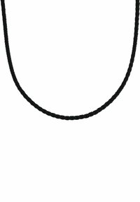 Collana in corda nera intrecciata con texture liscia e forma circolare, caratterizzata da uno spessore uniforme lungo tutta la sua lunghezza. Assente qualsiasi hardware aggiuntivo.