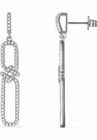 Orecchini in argento con un design a catena, decorati con strass trasparenti. Gli orecchini prevedono un semplice fermaglio a perno.