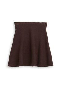 Bruine flared rok van zacht materiaal, met een gladde textuur en een elastische tailleband met nette naden. Eenvoudig en klassiek ontwerp.