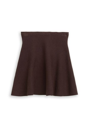 Jupe évasée marron en matériau doux, présentant une texture lisse et une taille élastique avec des coutures soignées. Design simple et classique.