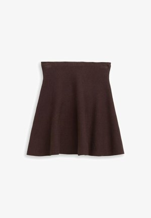 Brown flared skirt made from soft material, featuring a smooth texture and an elastic waistband with clean seams. Simple and classic design.
