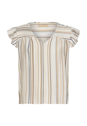 Blouse à manches courtes et décolleté en V en tissu léger, avec des rayures verticales beige et noires. Épaules froncées et coupe ample.