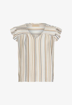 Blouse à manches courtes et décolleté en V en tissu léger, avec des rayures verticales beige et noires. Épaules froncées et coupe ample.