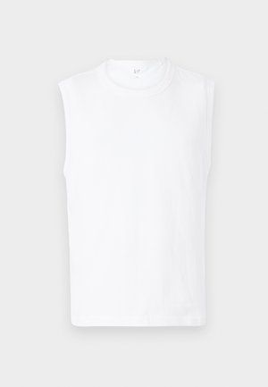 Biała, bezrękawnikowa koszulka z okrągłym dekoltem, wykonana z gładkiego materiału, charakteryzująca się prostym wzorem i czystymi krawędziami.