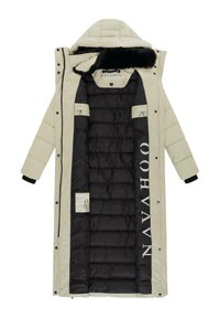 Lange, puffy jas met een lichtbeige buitenkant, zwarte voering en een capuchon met bontafwerking. Voorzien van een ritssluiting en het opvallende merkelogo.