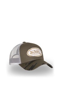 Casquette de camionneur marron et blanc avec un dos en maille, une visière incurvée à motif camouflage et un patch portant l'inscription "Von Dutch" à l'avant.