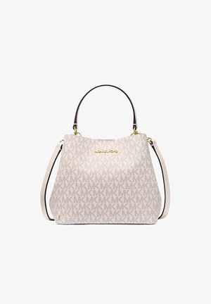 Sac à main beige avec un motif répétitif de logo MK, quincaillerie dorée, deux poignées et une bandoulière. Texture lisse, forme structurée.