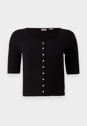 Schwarze gerippte kurzärmlige Strickjacke mit rundem Ausschnitt, ausgestattet mit einer zentralen Reihe aus sechs hellblauen Knöpfen und einem Saum, der knapp über der Taille endet.