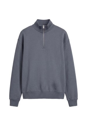 Pull à manches longues gris foncé avec poignets, ourlets côtelés et col à fermeture éclair partielle, présenté sur fond blanc.