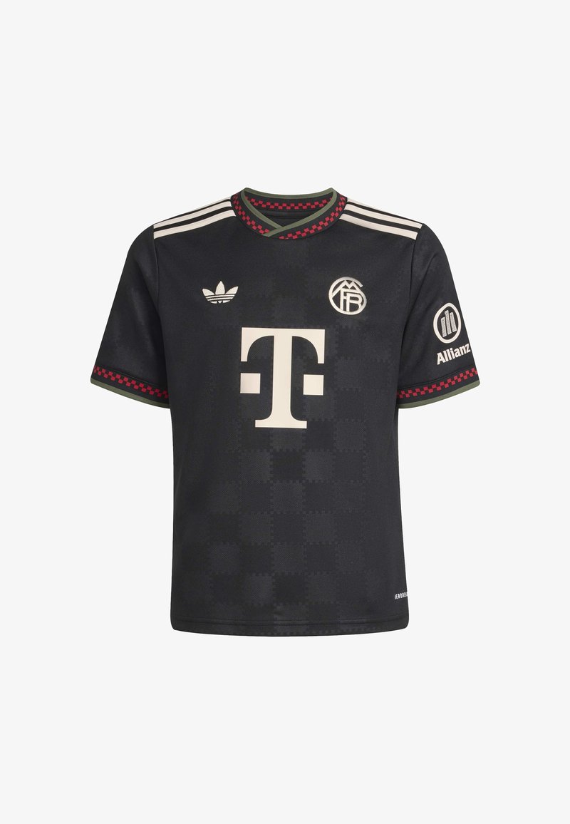 Maillot noir avec un motif texturé, logo et lettrage blancs, accents rouges et verts sur les manches, et trois bandes blanches sur les épaules.
