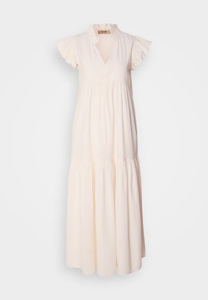 Maxikjole i lys beige bomull, med en volangkrage og korte ermer, har et lagdelt skjørt-design og teksturert stoff.
