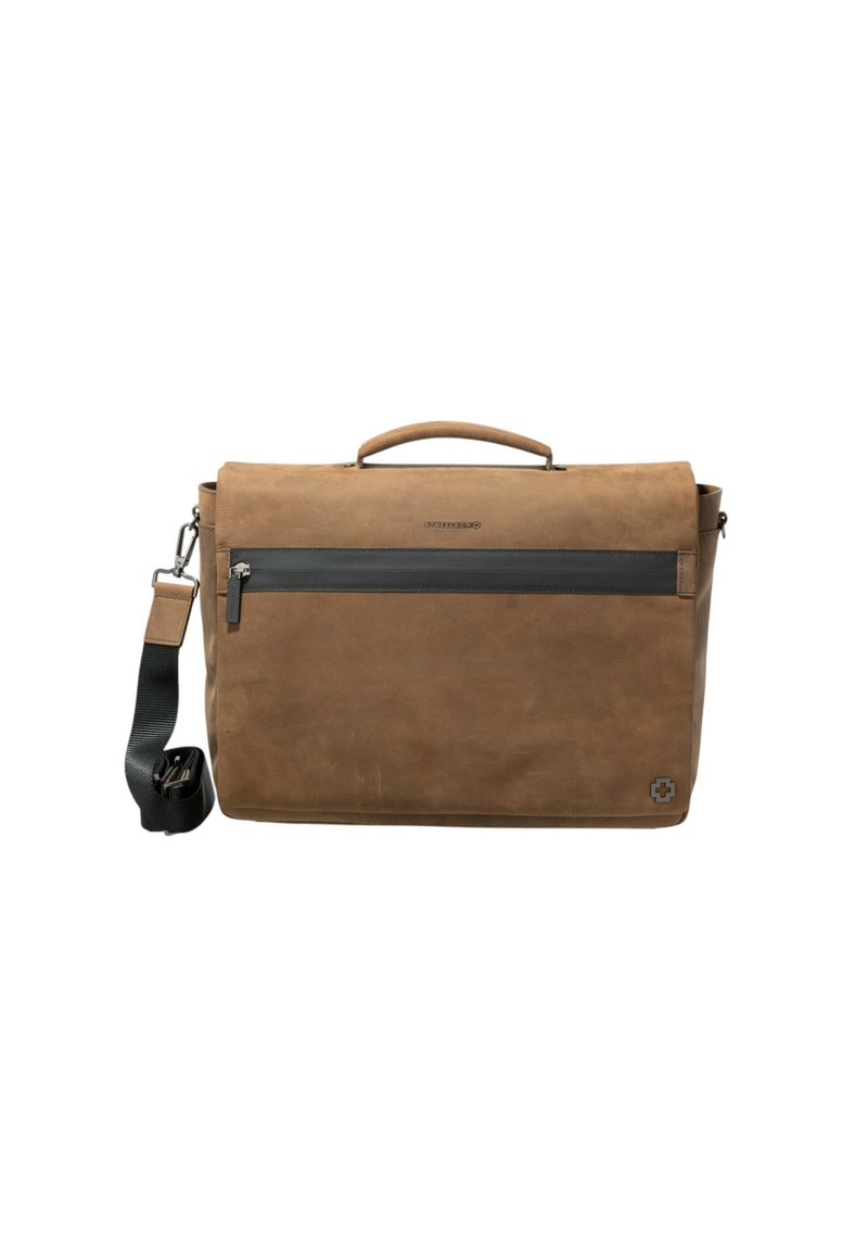 Borsa a tracolla in pelle marrone con una tasca con zip anteriore, manico superiore, tracolla regolabile e un distintivo accento nero sulla parte anteriore.