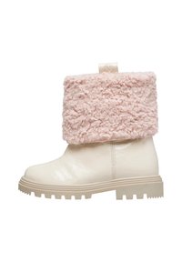 Stivale alla caviglia impermeabile color crema con un soffice risvolto in pelliccia rosa, suola spessa e finitura testurizzata. Presenta un anello per una facile calzata.