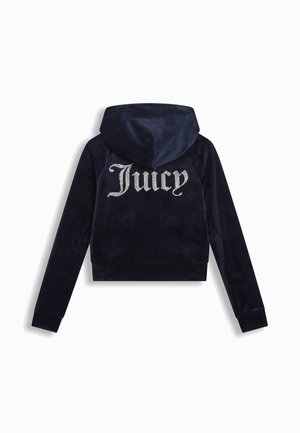 Hoodie cropped in velluto blu marino con cappuccio regolabile, con la scritta "Juicy" in strass sulla parte superiore della schiena. Texture liscia e polsini aderenti.
