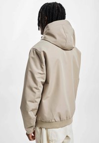 Beige hettegenser med en glatt tekstur, elastiske mansjetter og hem. Designet har en standard passform uten synlige logoer.
