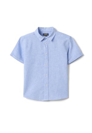 Lichtblauw overhemd met korte mouwen, knopen, kraag, subtiele verticale strepen en vijf witte knopen aan de voorkant.