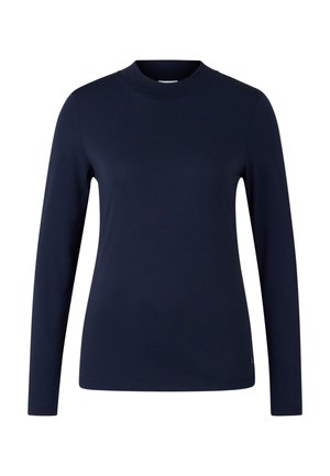Marineblaue Langarmoberteil mit hohem Rundhalsausschnitt, aus weichem Stoff gefertigt. Verfügt über eine schmale Passform und ein kleines Logokennzeichen am Saum.