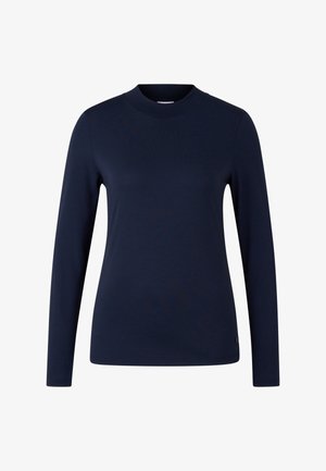 Navy long-sleeve top with a high crew neckline, made from soft fabric. Features a slim fit and a small logo tag at the hem.