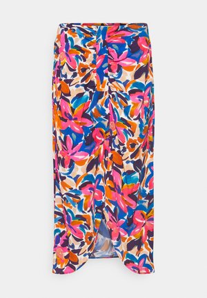 Jupe midi avec motif floral multicolore vif en rose, bleu, orange et violet sur un fond clair, présentant un design portefeuille à l'avant.