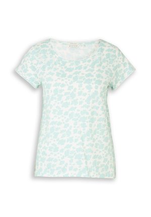 Lichtblauw en wit shirt met korte mouwen, abstract bloemenpatroon en ronde halslijn.