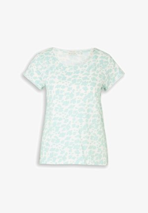 Lichtblauw en wit shirt met korte mouwen, abstract bloemenpatroon en ronde halslijn.