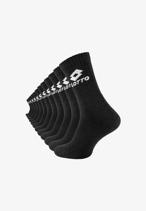 Schwarze Baumwollsocken in einer Reihe angeordnet, mit gerippten Bündchen und einem weißen Logo auf jedem Socke. Glatte Textur, mittellanges Design.