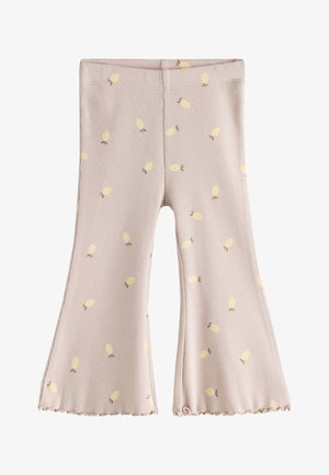 Pantalon beige côtelé pour tout-petit avec jambes évasées, décoré d'un petit imprimé citron jaune et de bas à volants.